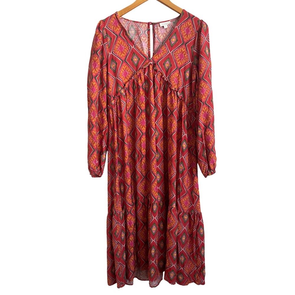 Boho Balloon Sleeve Tiered Babydoll Midi Dress Medium Festival Hippie Peasant